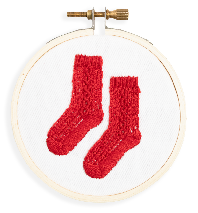 Finished embroidered tree ornament of red cable knit socks