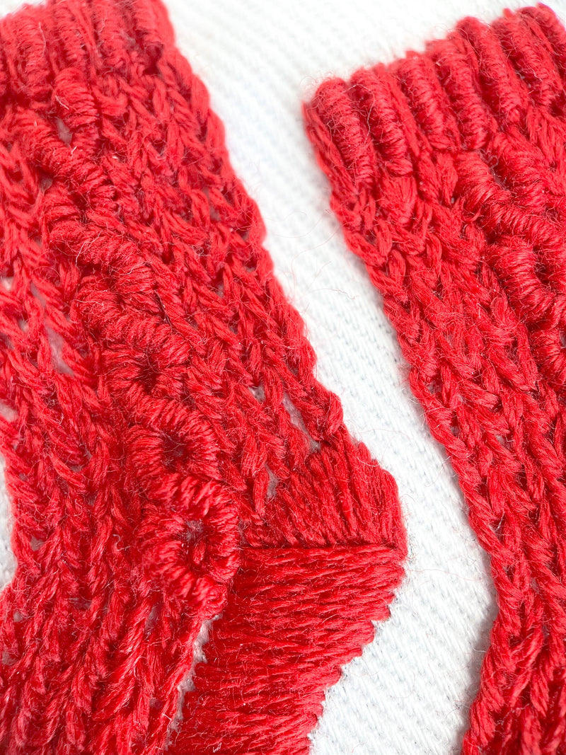 Close-up details of embroidered cable knit socks