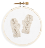 Finished quick embroidery tree ornament of cable knit mittens in antique white