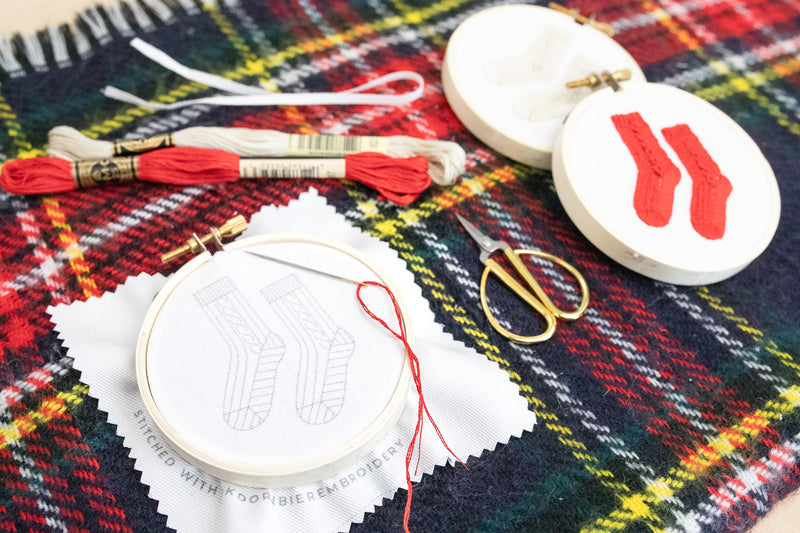 Materials for embroidering sock tree ornament on plaid scarf