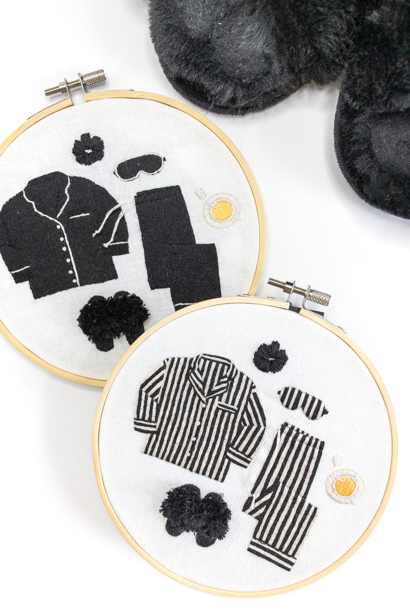 Embroidery patterns featuring black and white pajama sets with fuzzy black slippers