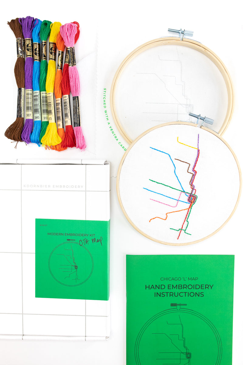 Components of the CTA Map embroidery kit by kdornbier on white table
