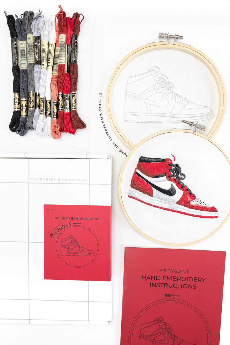 Needle Painting sneaker embroidery kit supplies on white table